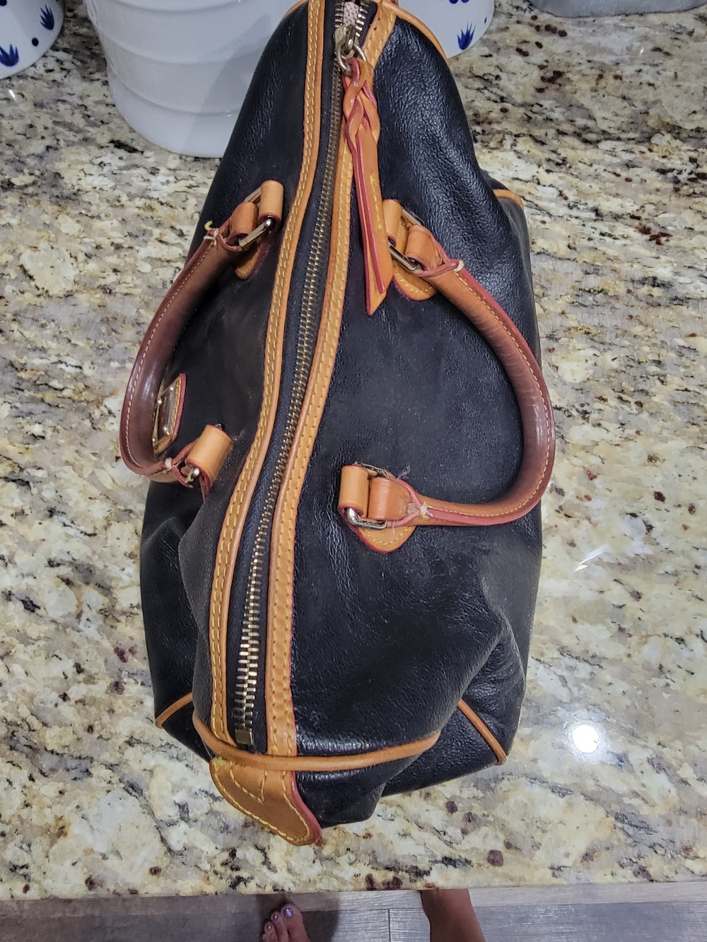 Dooney & Bourke Black Leather Satchel with Brown Trim - Picture 3 of 6